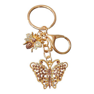 Amethyst Color Rhinestone Butterfly Bumblebee Gold Tone Keychain Purse Charm